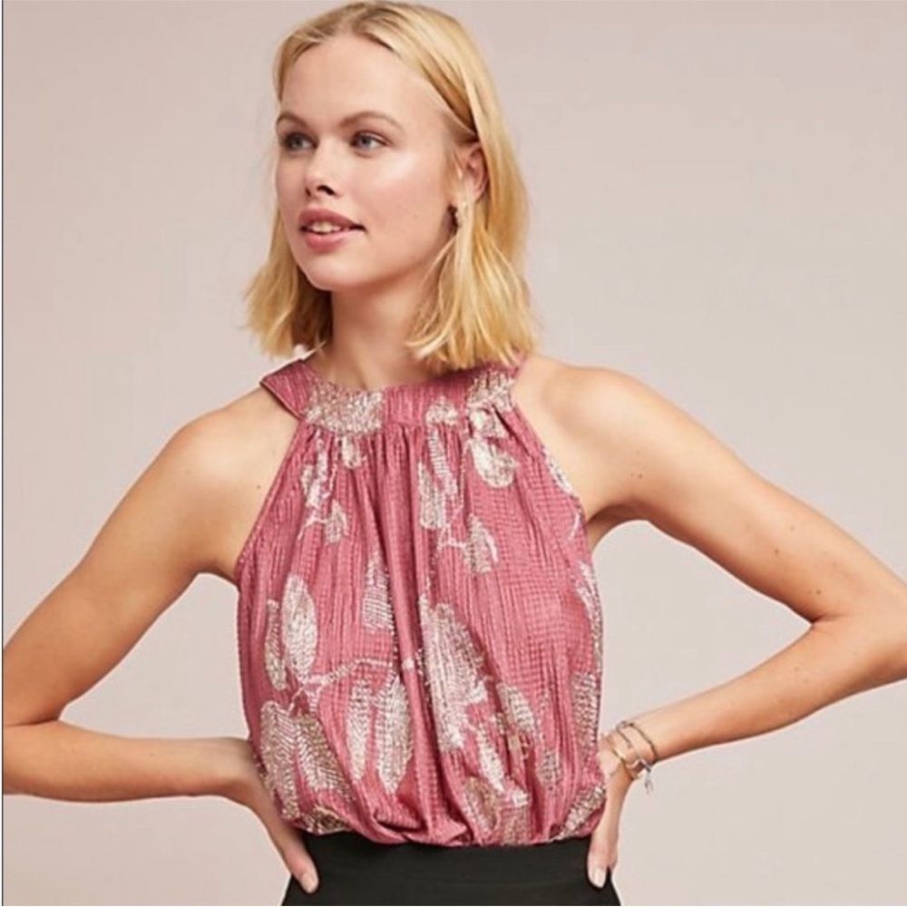 Anthropologie Feather Bone Gold and Mauve High Neck Tank Top M NWOT